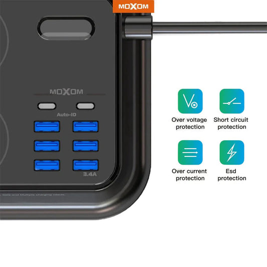MOXOM Smart Anti - Static Power Socket 3.4A 6 USB Ports – 2 Type - C - BLACK - gametricks