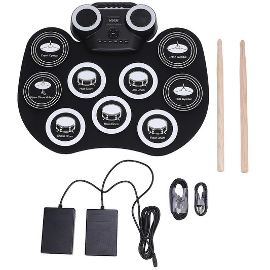 Portable roll-up digital drum kit with speakers, two drumsticks, pedals and cables, front view.