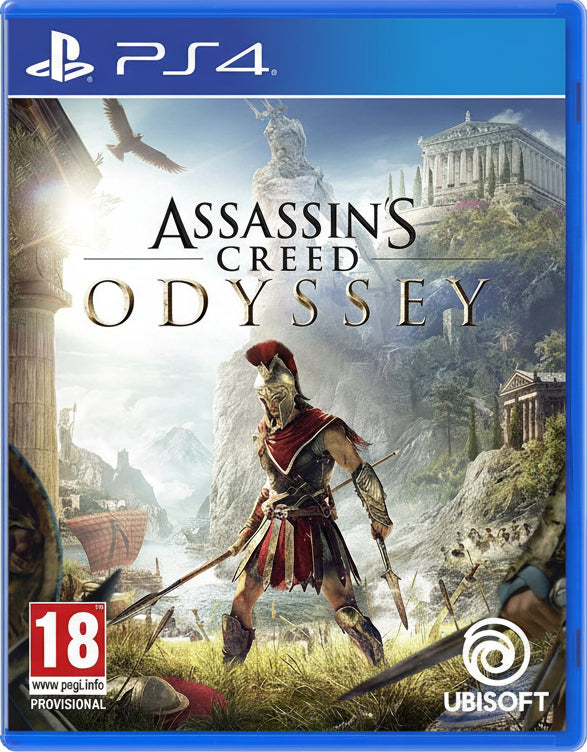 Assassin's Creed Odyssey game box for PS4 with character and historical architecture on cover