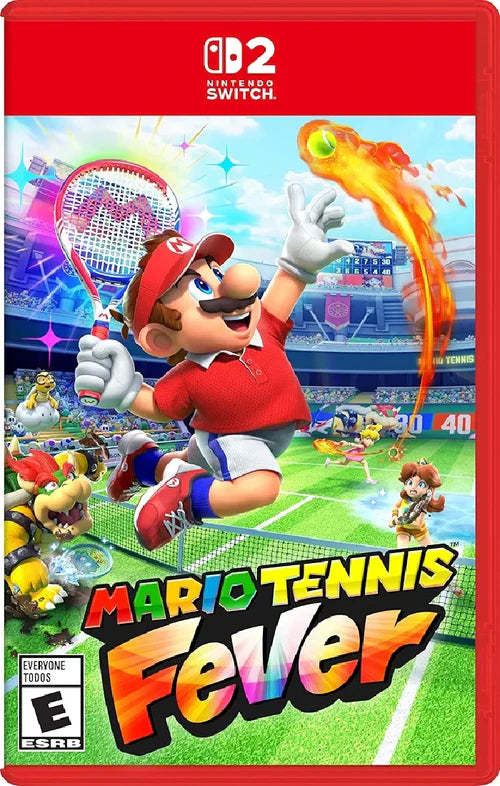 Box art for 'Mario Tennis Fever' on Nintendo Switch with character in action pose.