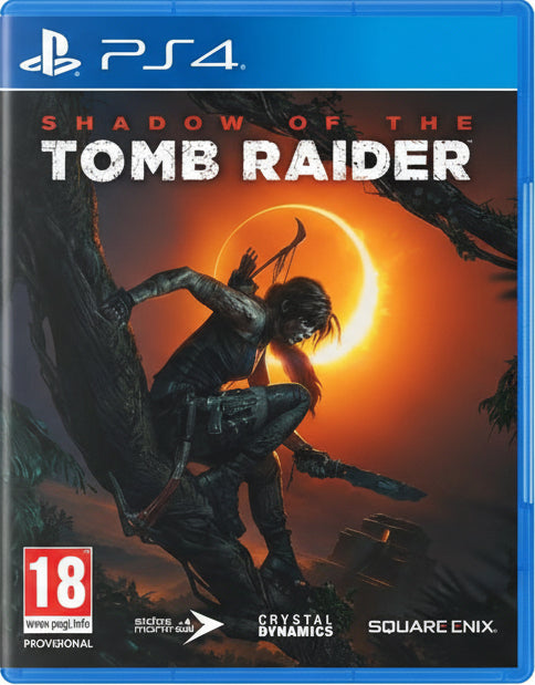 Game cover of 'Shadow of the Tomb Raider' for PS4 with a character climbing a tree against an orange sky.