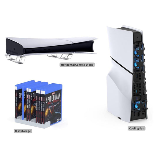 DOBE 3 in1 Kit comes with PS5 SLIM Horizontal Stand, Intelligent Cooling Fan & Game CD Case Organizer for PS5 Slim - TP5-35129 DOBE