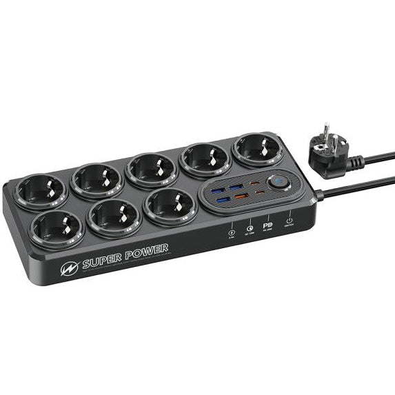 Black power strip with multiple sockets and a plug on a white background