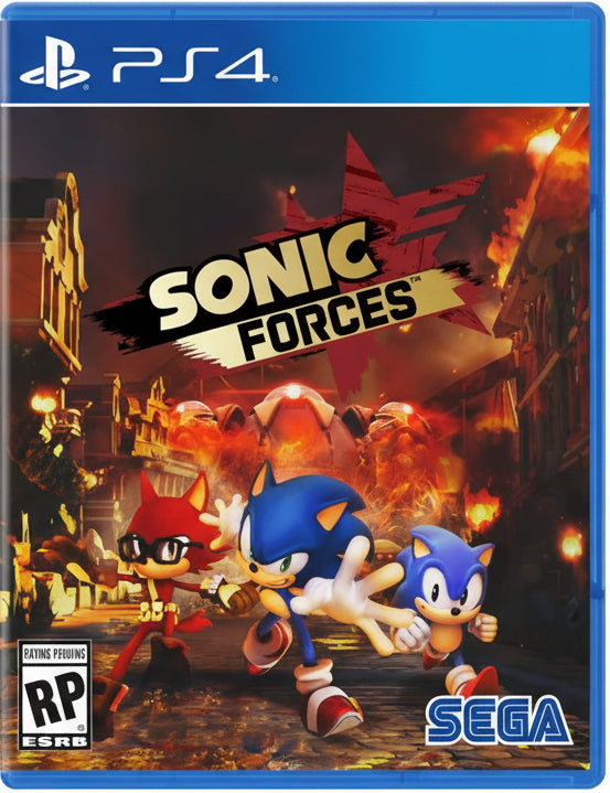 Game cover for 'Sonic Forces' on PS4 with Sonic the Hedgehog and his friends.