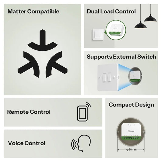 SONOFF MINI-2GS MINI DUO 2-Gang Smart Switch | Matter over WiFi, Smart Home Relay Module - gametricks