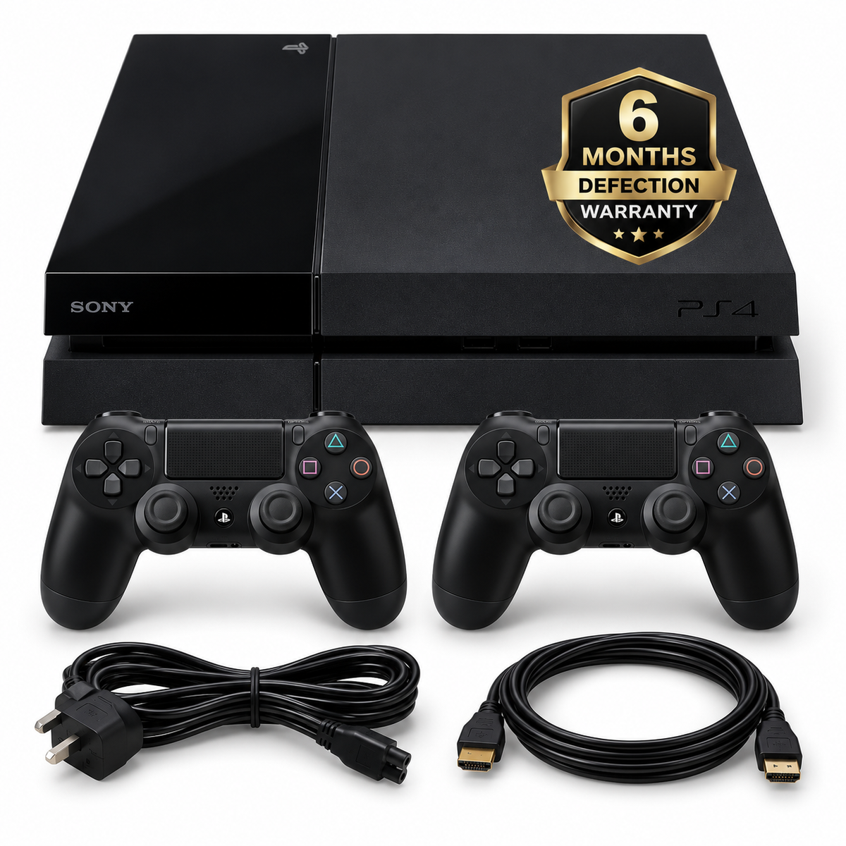 Sony PlayStation 4 PS4 Fat 500GB open box console with two original black controllers, HDMI cable, power cable and 6-month warranty