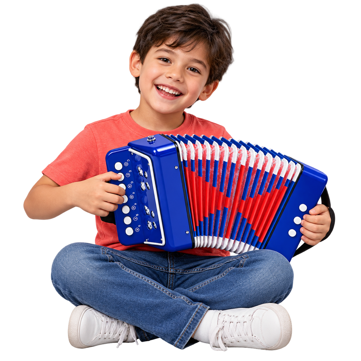Boy playing a blue mini accordion — Accordion collection illustration