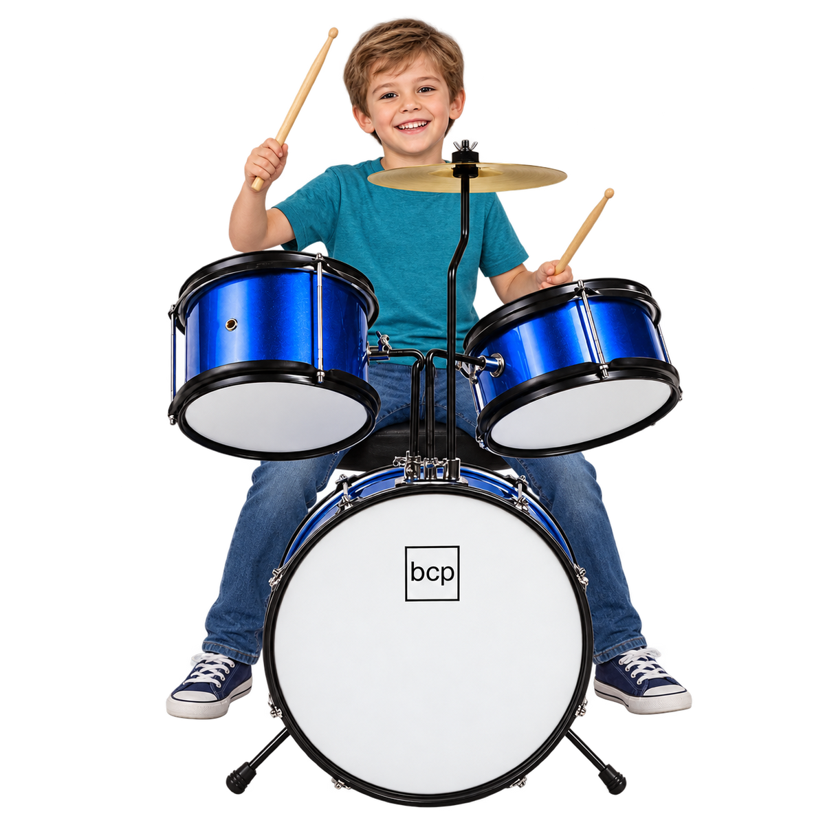 Boy playing a blue junior acoustic drum kit — Drums collection illustration