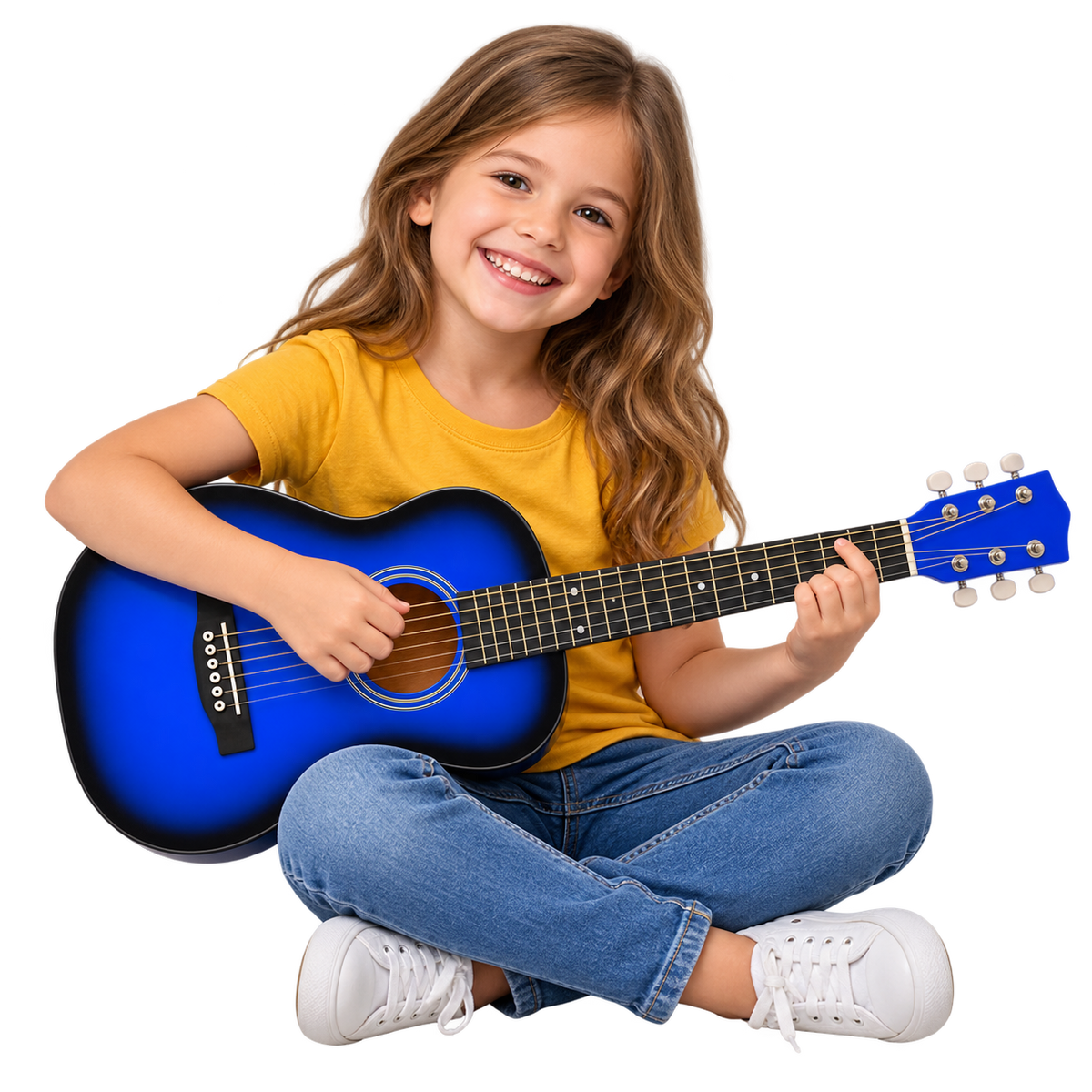 Girl playing a blue kids acoustic guitar — Guitars collection illustration