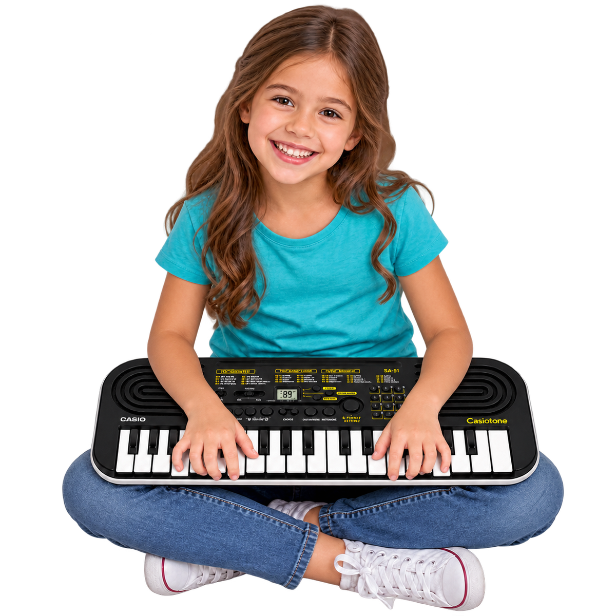 Girl playing a black Casio Casiotone mini keyboard — Keyboards and Pianos collection illustration