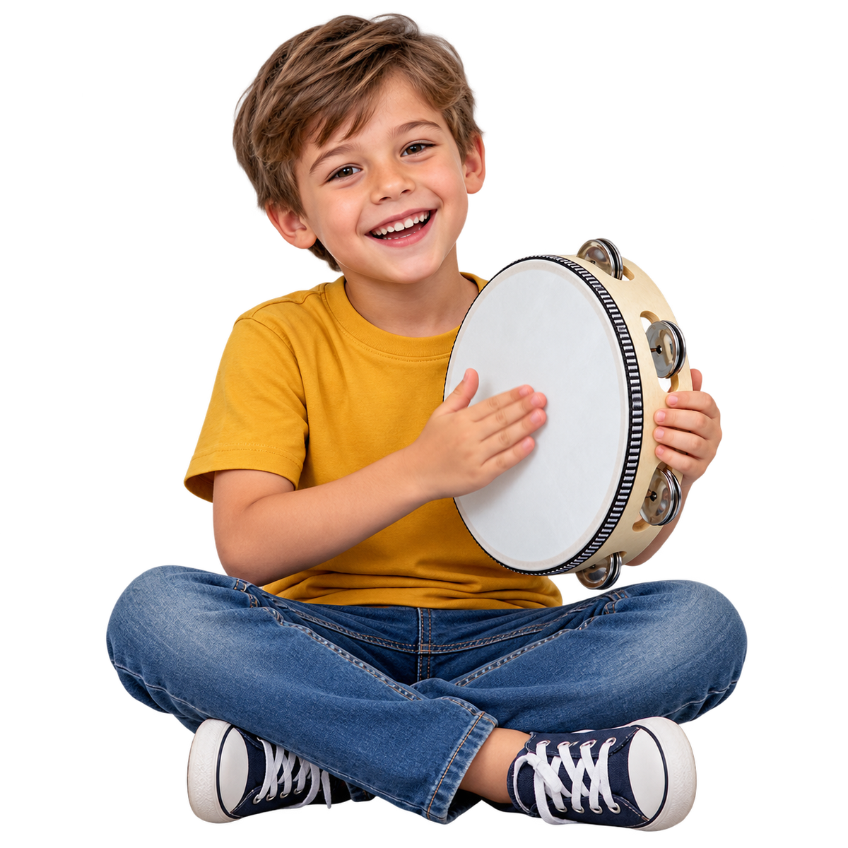 Boy playing a wooden tambourine — Percussion collection illustration