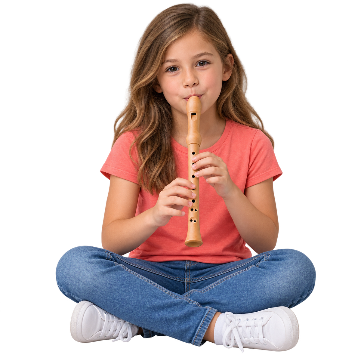 Girl playing a wooden soprano recorder — Wind and Woodwind collection illustration