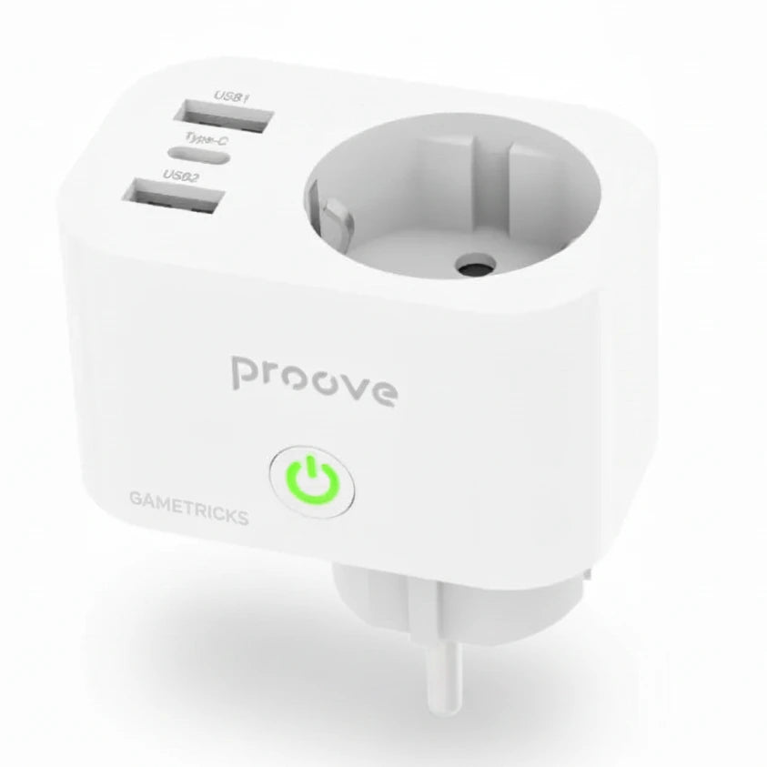 White power adapter with USB ports and green power indicator on a white background