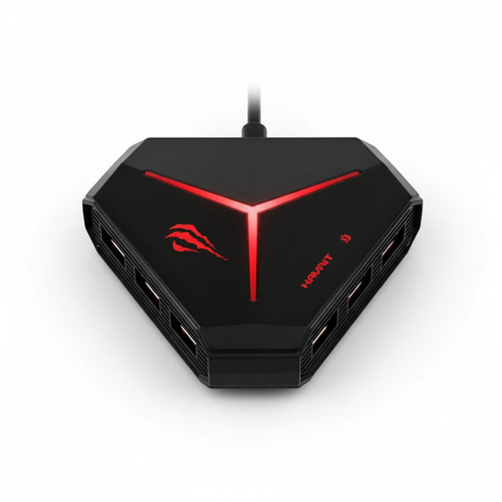 Black USB hub with red accents on a white background
