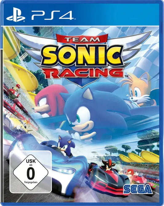 PlayStation 4 game case for 'Team Sonic Racing' with Sonic the Hedgehog on a blue background