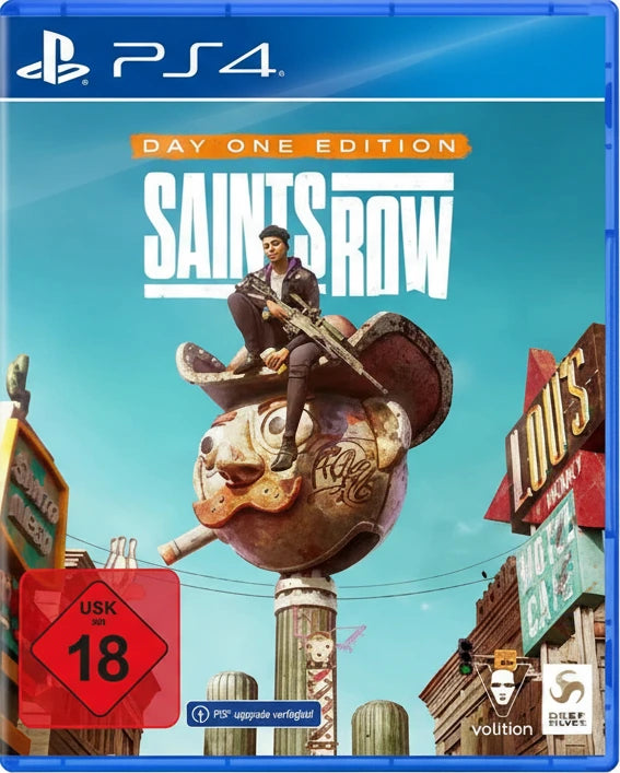 Game cover for 'Saints Row' Day One Edition on PS4 with a cowboy on a large gun and colorful town background.