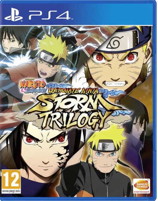 Naruto Ultimate Ninja Storm Trilogy game cover for PS4 with character images and branding.