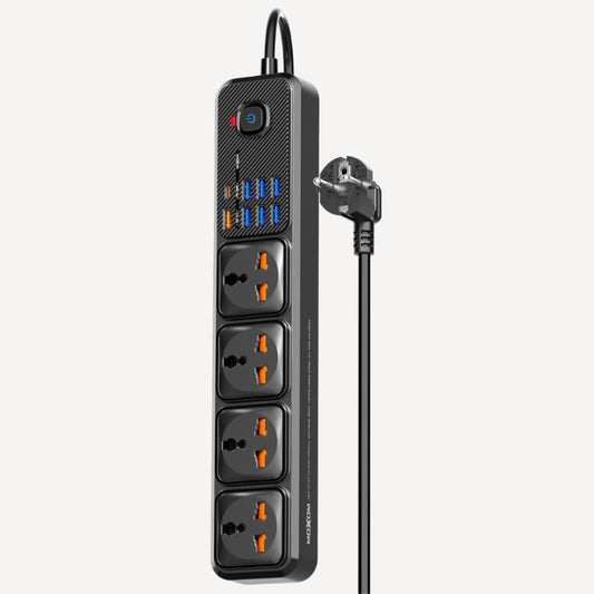 Black power strip with multiple outlets on a white background