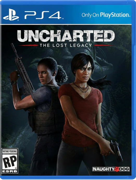Game cover for 'Uncharted: The Lost Legacy' on PS4 with two characters holding weapons.