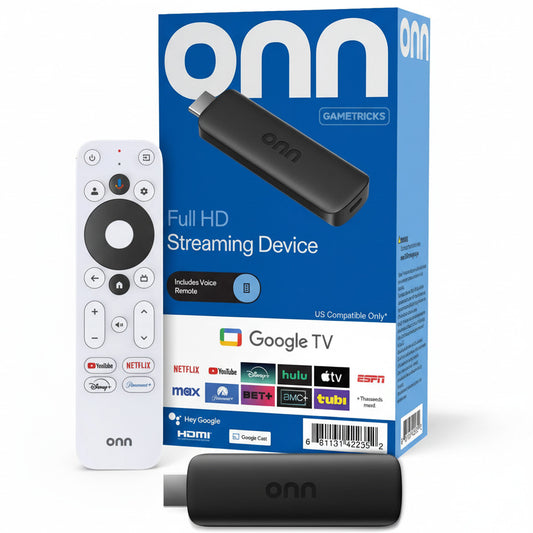 Onn Full HD Streaming Device with remote control and packaging on a white background