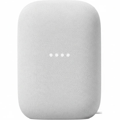 White smart speaker with a textured surface on a white background