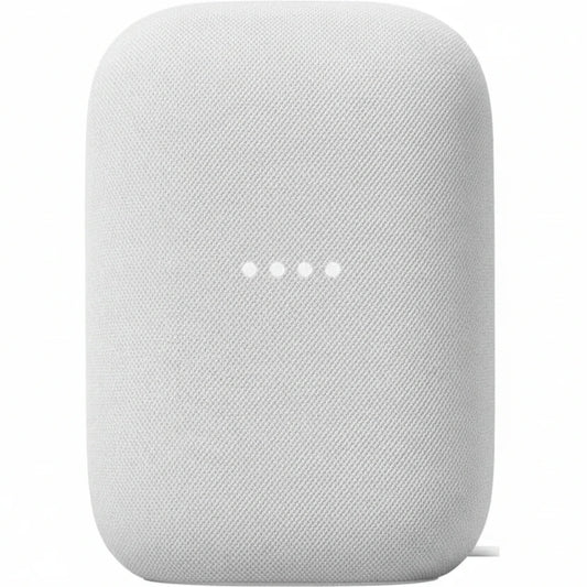 White smart speaker with a textured surface on a white background