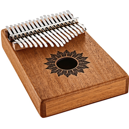 Original supplier photo of wooden 17-key kalimba with floral sound-hole decoration.