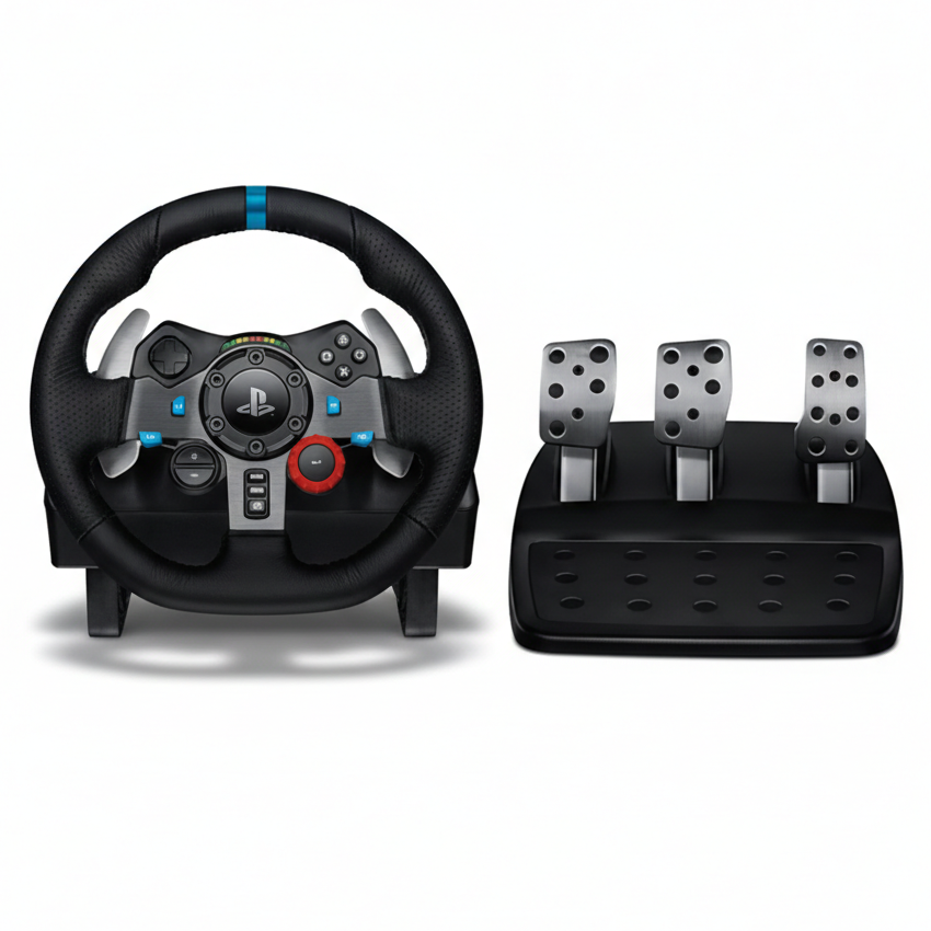 Logitech G29 gaming steering wheel and pedals set on a white background