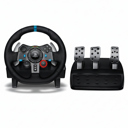 Logitech G29 gaming steering wheel and pedals set on a white background