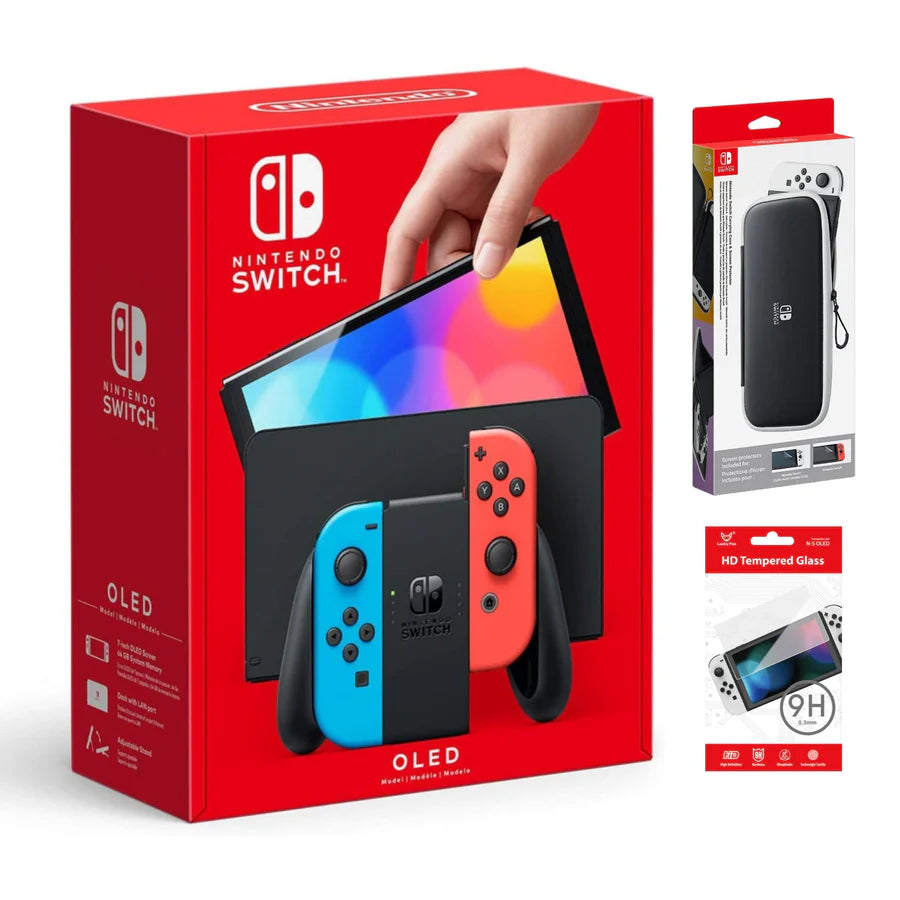 Nintendo Switch OLED Model Console - Neon Red & Neon Blue Joy with Free Case & Screen Protector NINTENDO