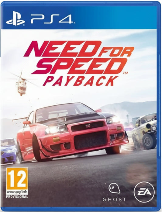 Game cover of 'Need for Speed Payback' for PS4 with a red car on a track.