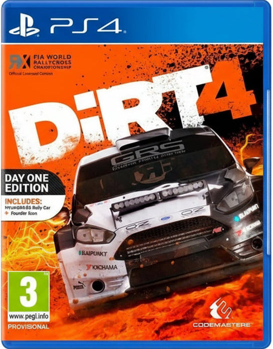 Game cover of 'Dirt 4' for PS4 with a racing car and game title.