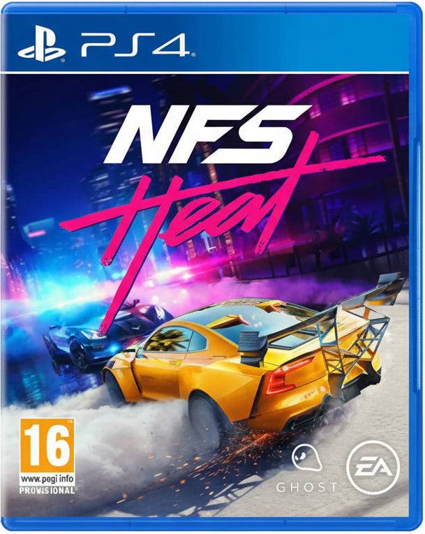 Game cover for 'NFS Heat' on PS4 with a yellow car and EA logo.