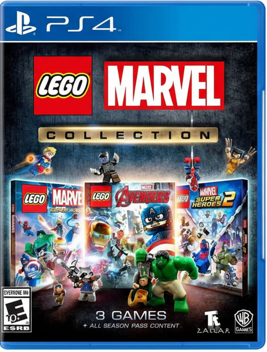 Cover of LEGO Marvel Collection for PS4 with multiple LEGO characters and game titles.