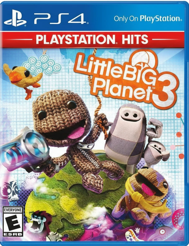 Game cover of LittleBigPlanet 3 for PlayStation 4 with characters and colorful design.