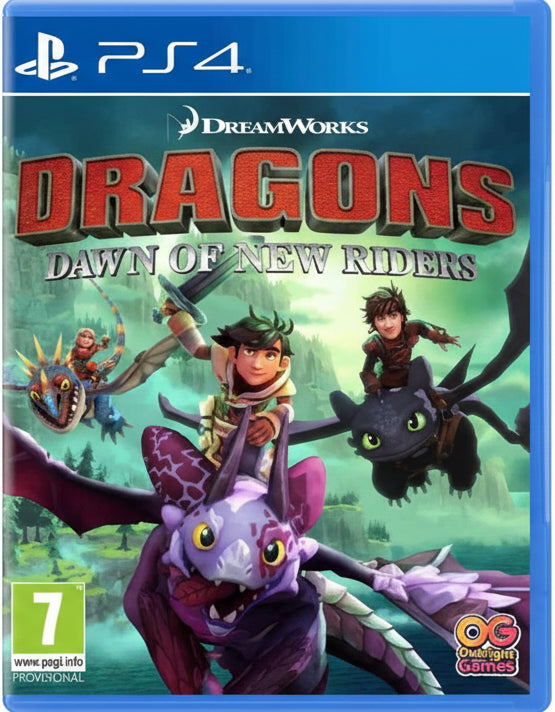 Game cover for 'Dragons: Dawn of New Riders' on PS4 with dragons and characters.