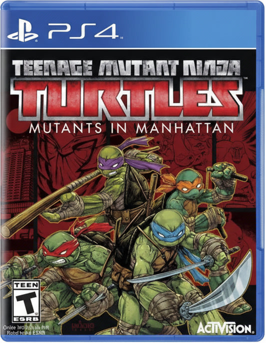 Cover of 'Teenage Mutant Ninja Turtles: Mutants in Manhattan' for PS4 with turtles and Activision logo.