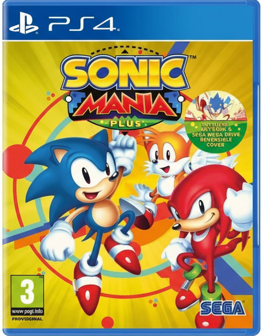 Sonic Mania Plus game cover for PS4 with Sonic and Knuckles on a yellow background