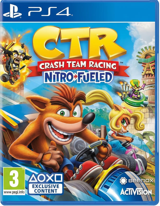 Game cover of 'CTR Crash Team Racing Nitro-Fueled' for PS4 with characters and branding.