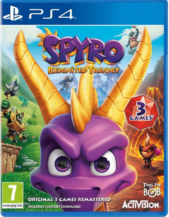 Spyro Reignited Trilogy game cover for PS4 with Spyro the Dragon's face and Activision logo.