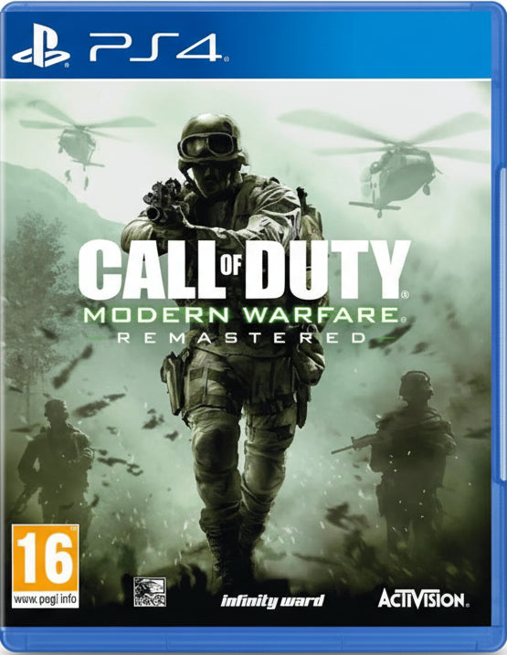 Call of Duty: Modern Warfare Remastered game cover for PS4 with soldier and helicopters in the background.