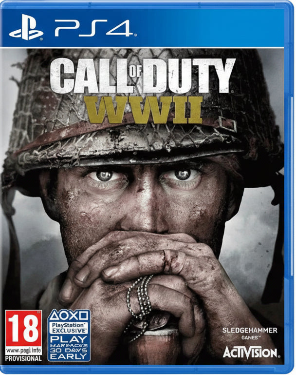 Call of Duty WWII game cover with soldier wearing helmet and holding rifle.
