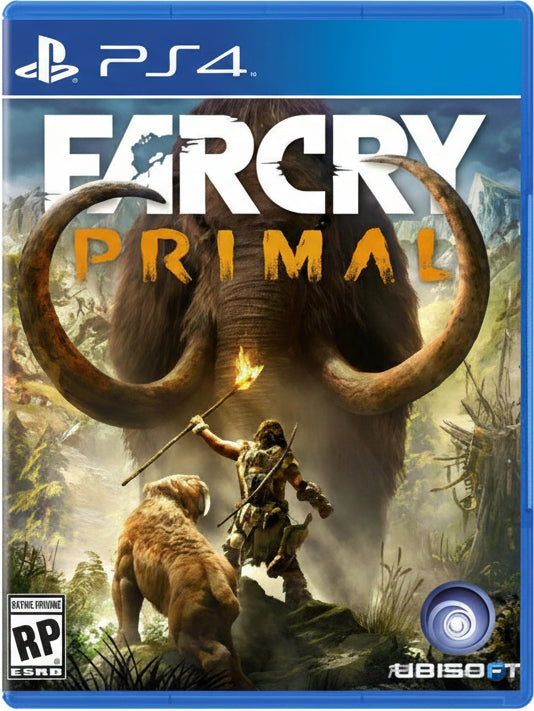 Game cover of 'Far Cry Primal' for PS4 with a hunter and mammoth illustration.
