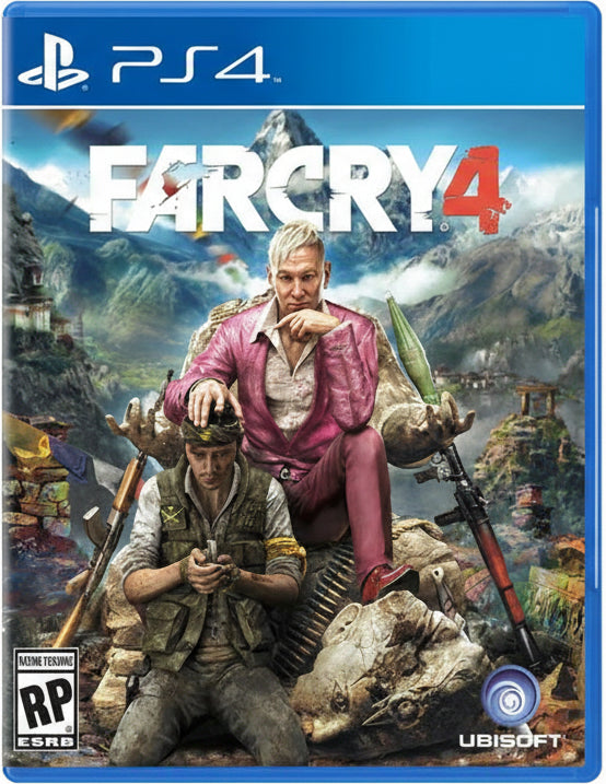 Game cover for Far Cry 4 on PS4 with two characters and mountainous landscape