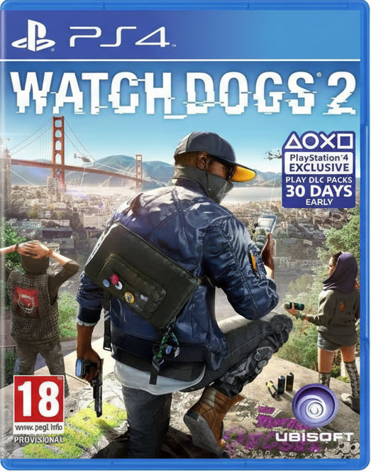 Cover of 'Watch Dogs 2' game for PS4 with a character overlooking a cityscape.