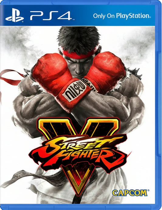Game cover for 'Street Fighter V' on PlayStation 4 with a character in red boxing gloves and Capcom logo.