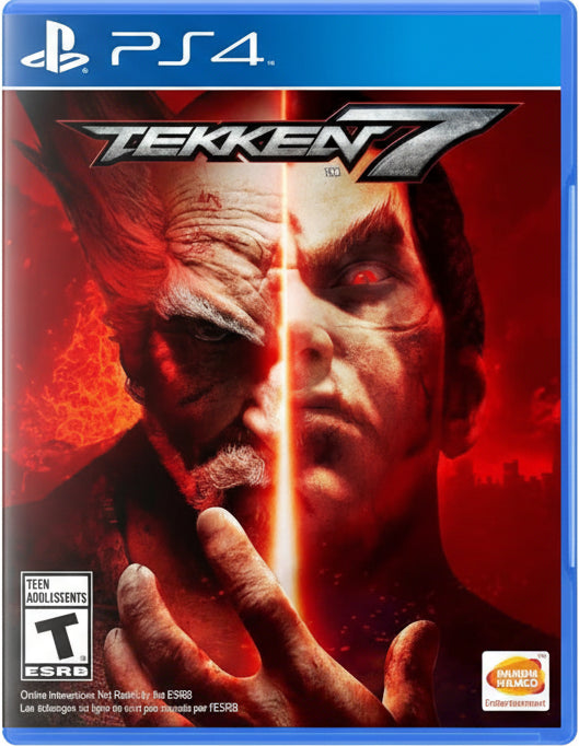 Tekken 7 game cover for PS4 with a character's face and hand on a red and black background.