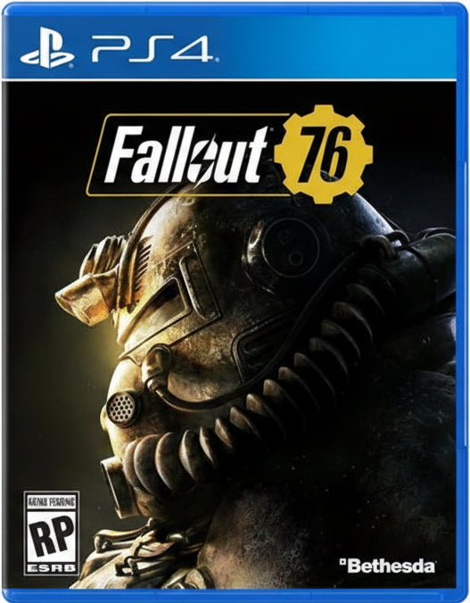Game cover of 'Fallout 76' for PS4 with a character in a helmet on a dark background.