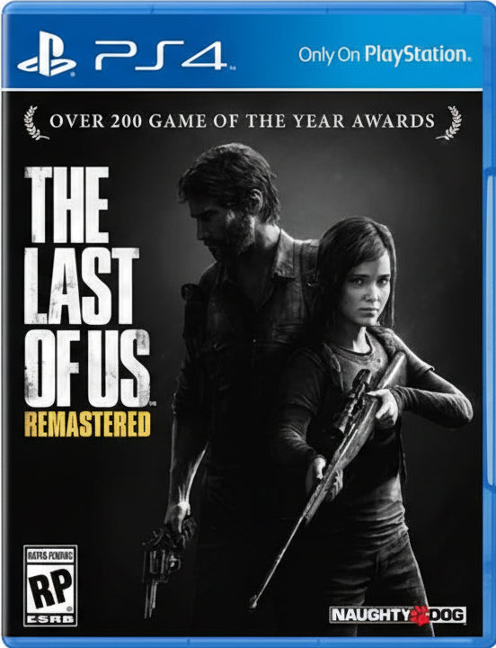 Game cover of 'The Last of Us Remastered' for PlayStation 4 with a black and white image of two characters.