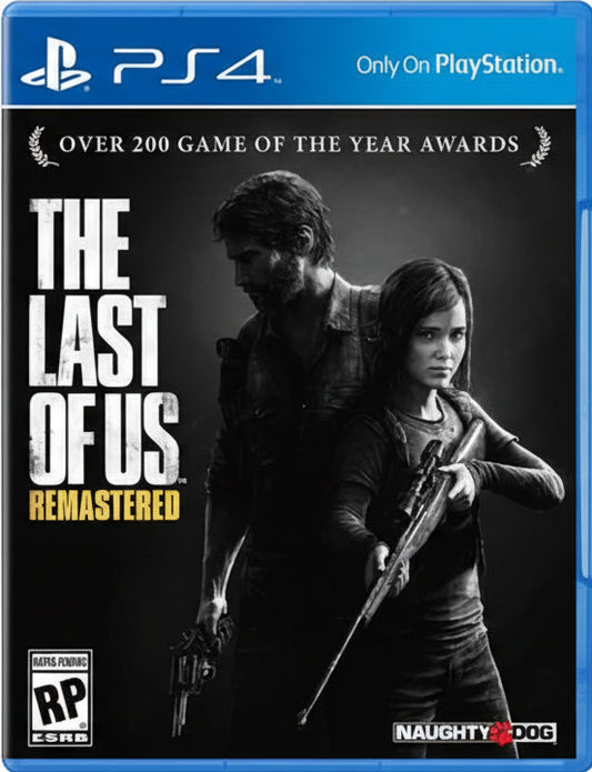 Game cover of 'The Last of Us Remastered' for PlayStation 4 with a black and white image of two characters.